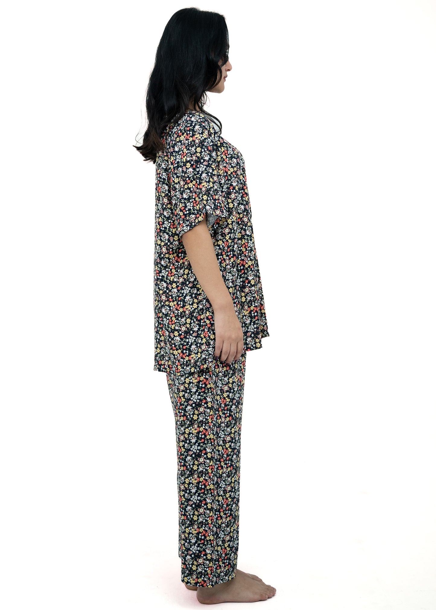 Linen Floral Soft Round Neck Comfort Fit Short Sleeve Pajama Set